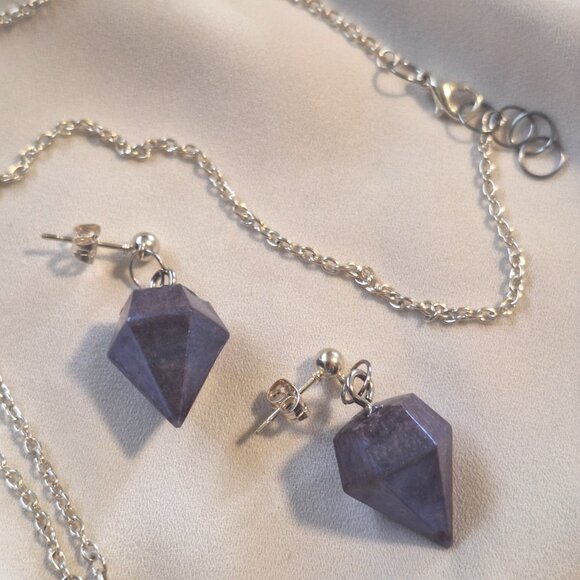 Artisan Handmade Resin Deep Dark Purple Gem Shape Necklace Earring Jewelry Set - Picture 4 of 6